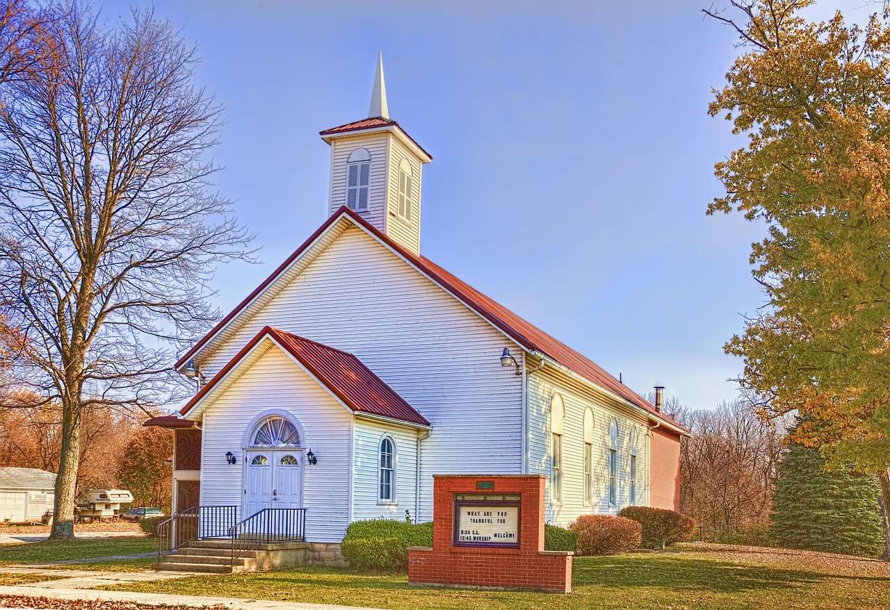 country church, scenery, trees, autumn, fall, artistic, art print, digital art, colorful, scenic, landscape, flowers, nature, weeds, foliage, flower wallpaper, rural, beautiful flowers, country, united, flower background, methodist, small church, cupola, historic, home decor, blue home, blue church